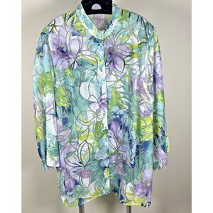 Alfred Dunner Semi Sheer Aqua & Purple Pastel Floral Button Up Top Blouse Sz XL